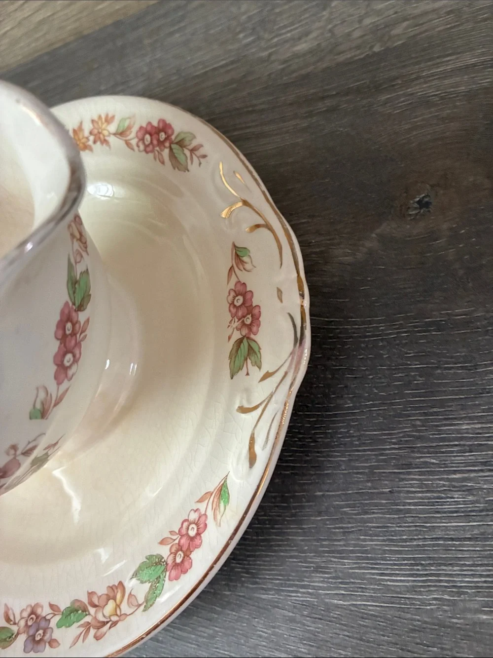 Crown Potteries Co. Floral Gravy Boat with attached Underplate Made in USA